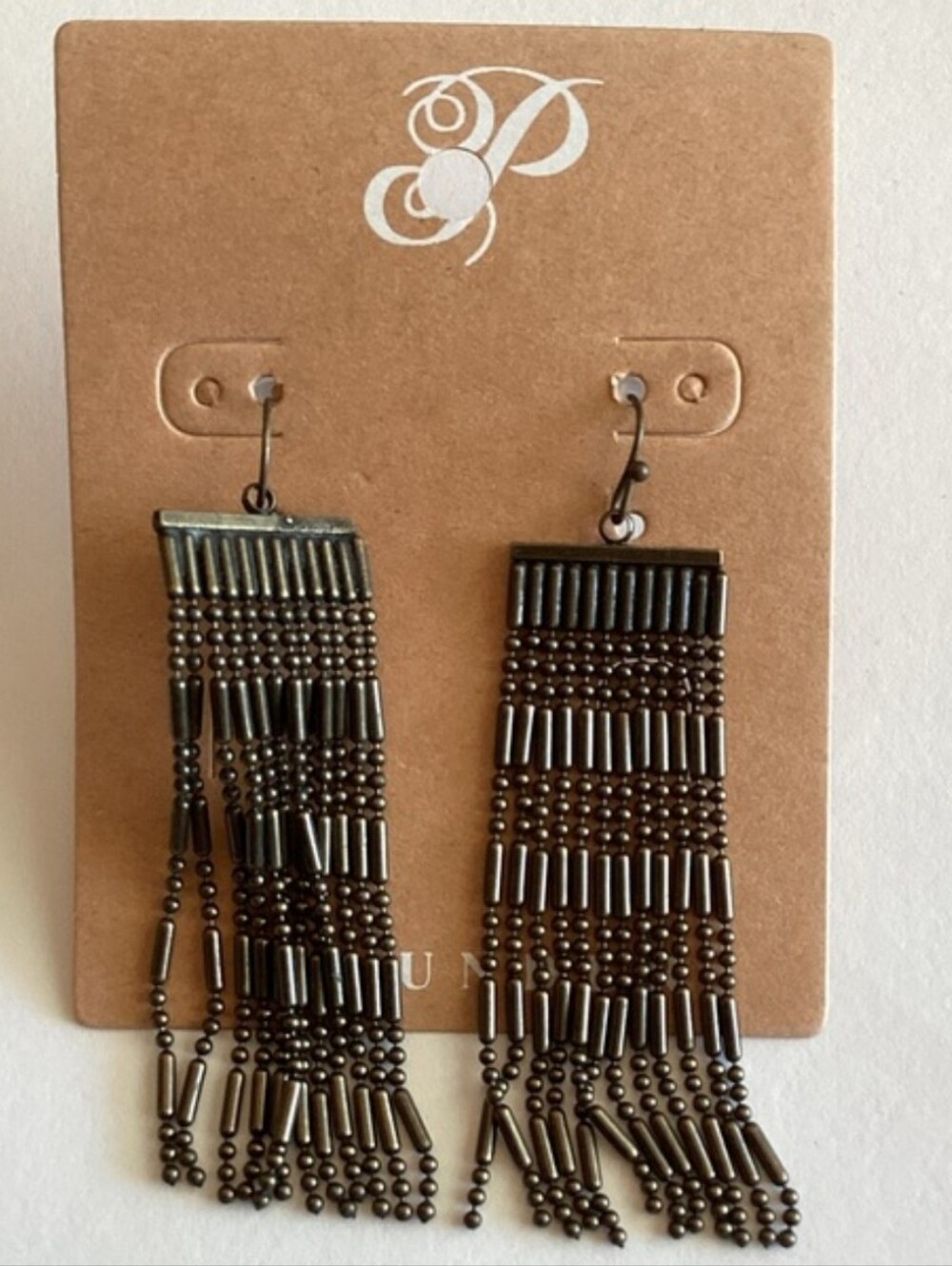 Beaded Fringe Drop Earrings in Dark Bronze
